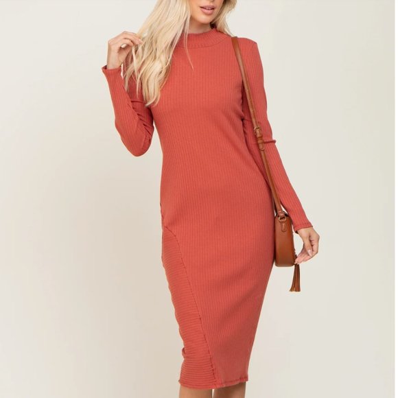 PinkBlush Rust Ribbed Long Sleeve Mock Neck Maternity Midi Dress Size Medium - Picture 4 of 10